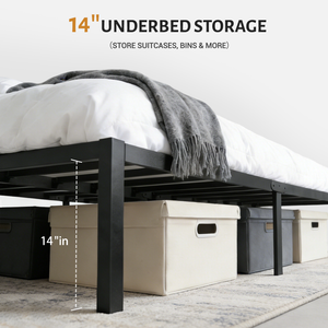 Queen Bed Frame with Underbed Storage Space, Metal Heavy Duty Platform Mattress Foundation, Easy Assembly, No Box Spring Needed, Black, 14 Inch Height